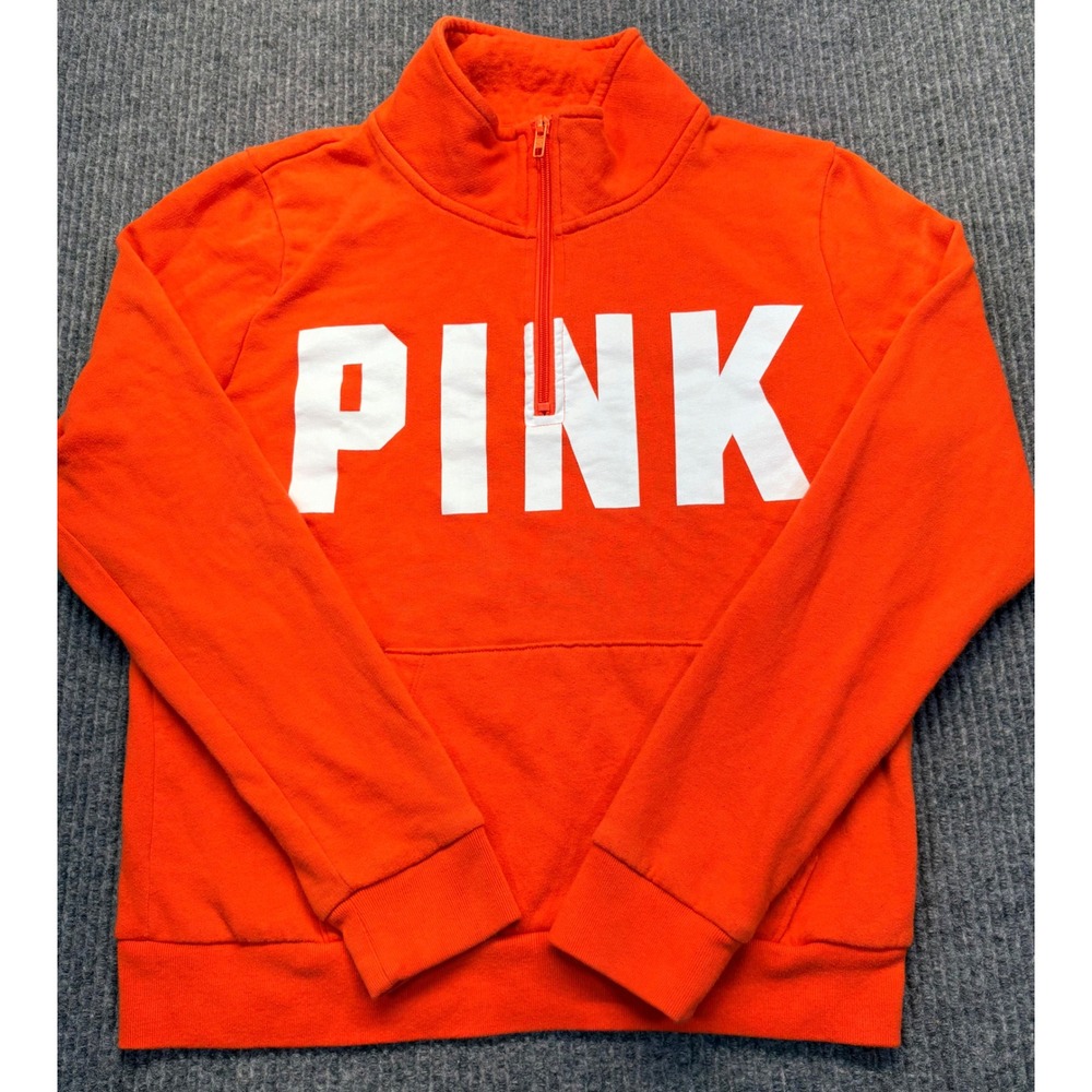 Pink Victoria's Secret Quarter Zip Sweatshirt Orange Logo Pullover Women's M